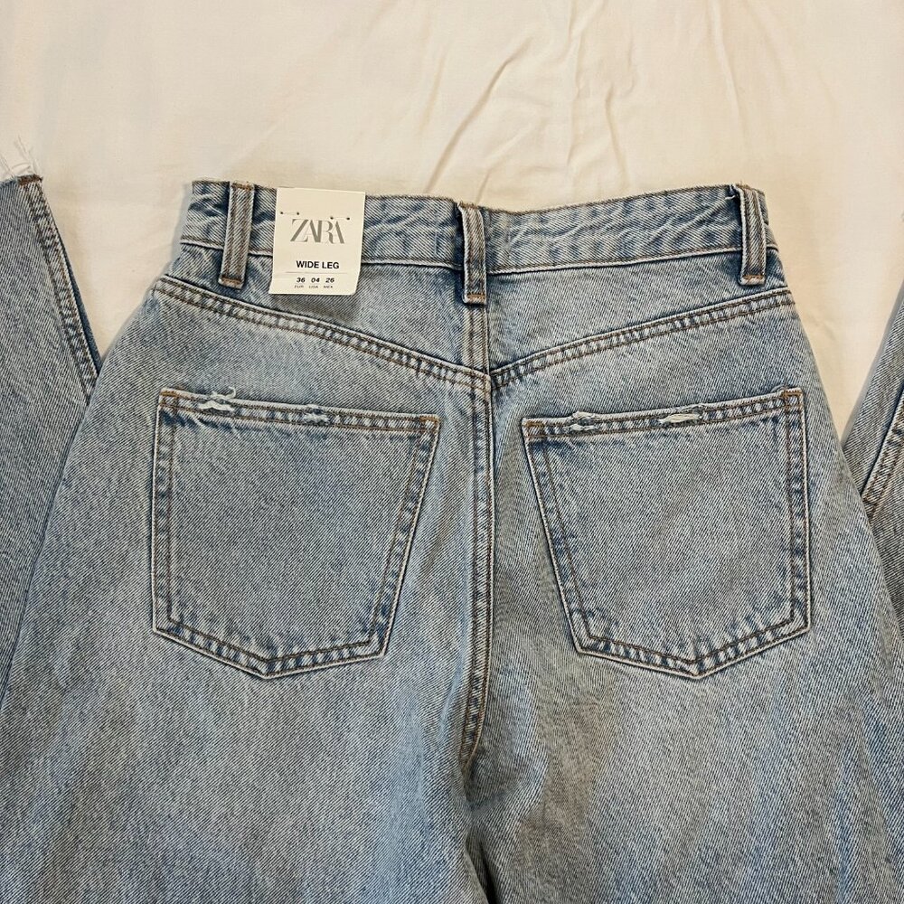 Zara Hi-Rise Cropped Wide Leg Distressed Light Wash Denim Jeans | Size 4 - Picture 9 of 10